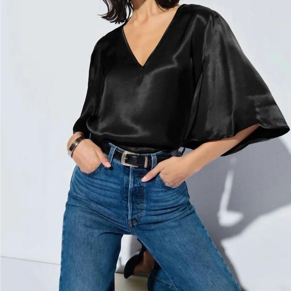Nation LTD Black Satin V-Neck Blouse